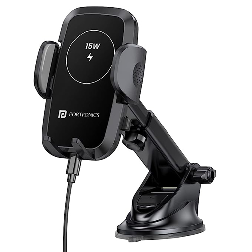 Portronics Charge Clamp 2 Mobile Holder with Wireless Charging with 15W Wireless Output, 360° Rotation, 270° Adjustable Angles, LED Display, Type C Charging Port, 1M Type C Cable(Black) की तस्वीर