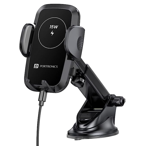 Picture of Portronics Charge Clamp 2 Mobile Holder with Wireless Charging with 15W Wireless Output, 360° Rotation, 270° Adjustable Angles, LED Display, Type C Charging Port, 1M Type C Cable(Black)