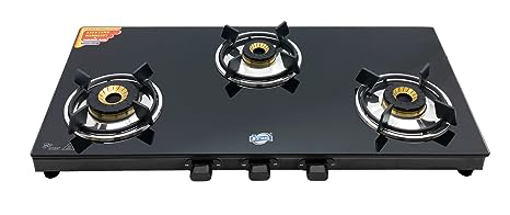 Picture of Jyoti 327 Sleek Black Liftable | 3 burner Gas Stove | Toughened Glass Cooktop | Gas Saving 3D Swirl Brass Burners with Black SS Frame Base
