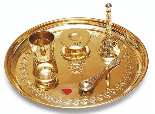 Picture of Signoraware Shubh Mangal Brass Pooja Thali Engraved with Diya, Agardan, Yachman, Ghanti Bell, Gilasiya (Set of 6 Pieces, Brass Glossy, Decorative Gifting Box Packed)