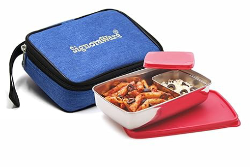 Picture of SignoraWare 150ml+550ml Small Compact Stainless Steel Lunch Box with Bag, Food Grade BPA Free Plastic, 2 Compartment Tiffin with Airtight Lids, Compact and Sleek Containers for Office School