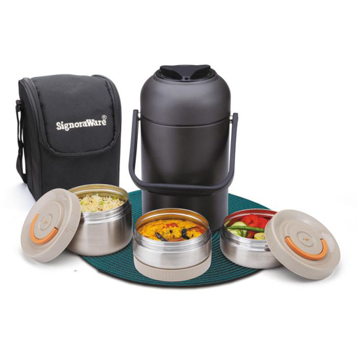 Picture of Signoraware Victor Vacuum Steel Lunch (600ml+400ml+400ml)  Box 3 Tier | Easy To Carry Leak-Proof Tiffin Box | Insulated Lunch Box