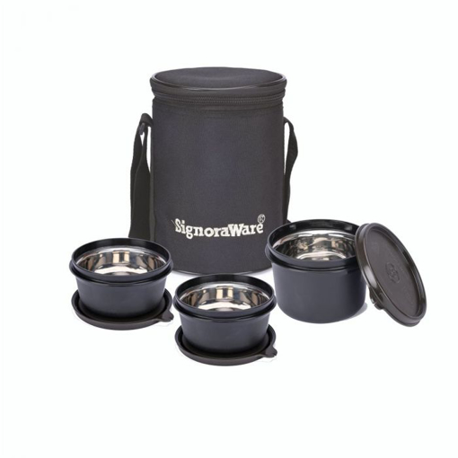 Picture of Monarch Executive Medium Microsafe Steel |Microwave Safe Lunch Box (3 Stainless Steel Containers + Insulated Bag) (500ml+350ml+350ml) , Set Of 3 | Office Series