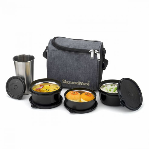 Picture of Signoraware Monarch Best Microwave Safe Steel Lunch Box (3 Stainless Steel Containers + Steel Tumbler + Insulated Bag) (350ml+350ml+200ml +370ml Steel Tumbler, Set of 4, Blue Office Series)