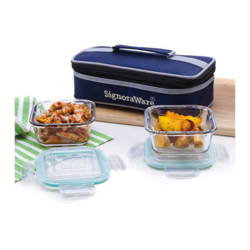 Picture of SignoraWare Midday High Microwave Safe Office Lunch Box Set with Bag | Borosilicate Glass | Safety Lock Airtight Tiffin Containers (Set of 2 – 320ml+320ml | Transparent)