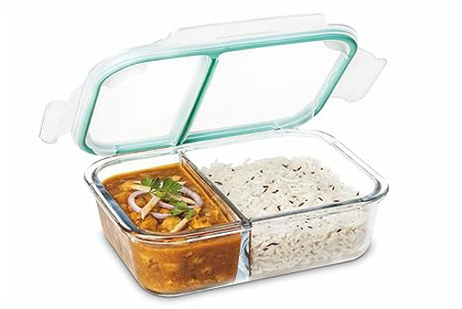 SignoraWare Slim High Jumbo Microwave Safe Office Two Compartment Lunch Box Set | Borosilicate Glass | Safety Lock Airtight Tiffin Containers (1400ml | Transparent) की तस्वीर