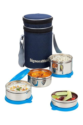 Picture of Signoraware Executive Stainless Steel Lunch Box Set 4 with bag | Stainless-Steel Leak-Proof Containers | Full Meal Boxes (Container Size 200mlx1 | 350mlx2 | 500mlx1 | Blue)