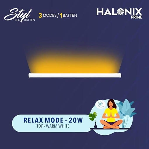 Picture of Halonix STYL 20 Watt 4 Ft 3 in 1 indirect led Batten Tubelight (Yellow Uplight Relax Mode,White Downlight Work Mode,Yellow uplight with White Downlight in Designer Mode)