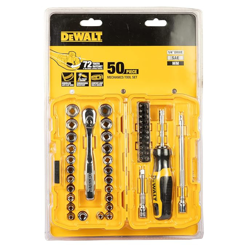 Stanley DEWALT DWMT81610-0 1/4" 50-Piece Drive Mechanics Tool Set with Anti-Corrosion Properties & Knurled Grip Control for Home, DIY & Professional Use, YELLOW & BLACK की तस्वीर