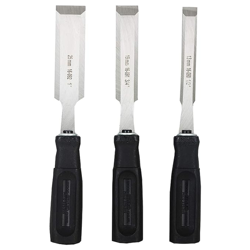 Picture of STANLEY 16-089 3-Piece Wood Chisel Set with Anti-Rust Properties for Shaping & Cutting Wood Surfaces - 1/2x7 3/4,3/4x7 3/4,1x7 3/4, GREY & BLACK