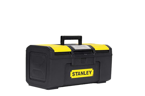 Picture of STANLEY 1-79-216 16" One-touch Heavy-Duty Portable Plastic Tool Box with Removable Tray for Easy & Convenient Storage, 1 Year Warranty, YELLOW & BLACK