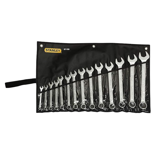 Picture of Stanley 1-87-709 10-32mm Chrome Vanadium Steel Slimline Inches Fixed Square, Open End Imperial Combination Spanner Set (Silver)-14 Pieces