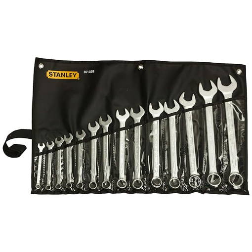 Picture of STANLEY 1-87-038 3/8"-11/4" Chrome Vanadium Steel Slimline Metric Combination Spanner Set (Silver 14-Pieces)