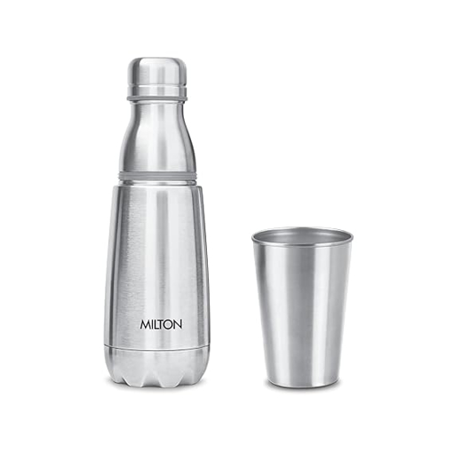 Milton Vertex Steel 500 Thermosteel Hot or Cold Water Bottle with Stainless Steel Tumbler, 500 ml, Silver की तस्वीर