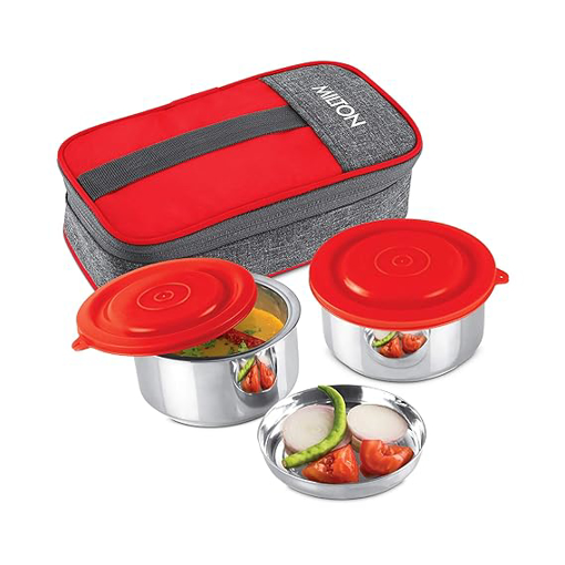 Picture of Milton Pasto Lunch Box 2 Double Wall Stainless Steel Containers with Denim Insulated Jacket, Set of 2, 350 ml