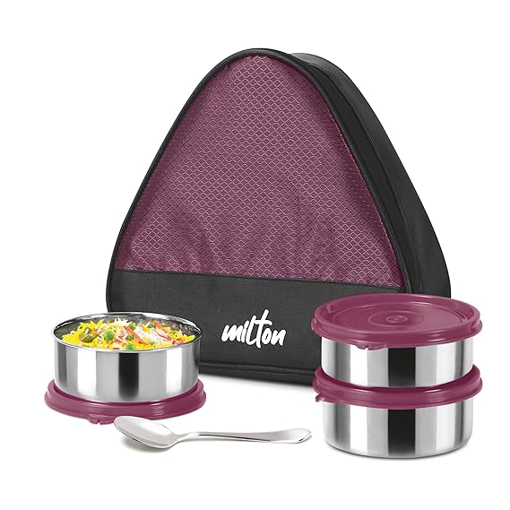 Picture of MILTON Trident Stainless Steel Lunch Box (3 Leak Proof Round Containers, 320 ml Each, 1 Spoon) with Insulated Jacket | Tiffin | Food Grade | Easy to Carry | Odour Proof