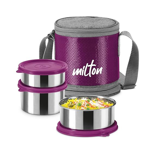 Milton Expando 2+1 Lunch Box (3 Stainless Steel Container, 320 ml, 320 ml, 500 ml) with Insulated Jacket| Leak Proof | Food Grade | Easy to Carry | Odour Proof | Light Weight | Office | College की तस्वीर