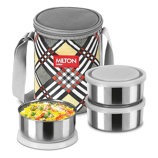 Picture of MILTON Steel Treat 3 Stainless Steel Tiffin, 3 Containers, 280 ml Each with Jacket | Light Weight | Easy to Carry | Leak Proof | Food Grade | Dishwasher Safe