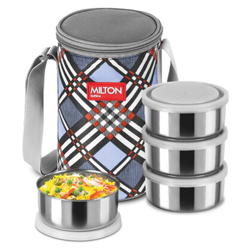 MILTON Steel Treat 4 Stainless Steel Tiffin, 4 Containers, 280 Each with Jacket, 4 Containers Lunch Box  (280 ml) की तस्वीर