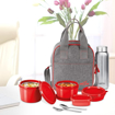 Picture of MILTON Savor Lunch Tiffin (3 Microwave Safe Inner Steel Containers, 180/320/450 ml; 1 Plastic Chutney Dabba,100ml; 1 Aqua Steel Bottle, 750ml, Steel Spoon and Fork) with Insulated Fabric Jacket