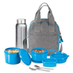 MILTON Savor Lunch Tiffin (3 Microwave Safe Inner Steel Containers, 180/320/450 ml; 1 Plastic Chutney Dabba,100ml; 1 Aqua Steel Bottle, 750ml, Steel Spoon and Fork) with Insulated Fabric Jacket की तस्वीर