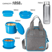 Picture of MILTON Savor Lunch Tiffin (3 Microwave Safe Inner Steel Containers, 180/320/450 ml; 1 Plastic Chutney Dabba,100ml; 1 Aqua Steel Bottle, 750ml, Steel Spoon and Fork) with Insulated Fabric Jacket