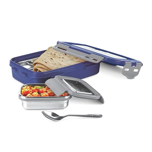 Picture of MILTON Steely Super Deluxe Insulated Inner Stainless Steel Big Tiffin Box, 500 ml, with Inner Stainless Steel Container, 175 ml and Spoon | Kids Lunch Box | Easy to Carry | Easy to Clean