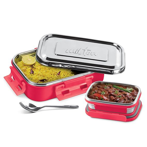 MILTON Steel Flat Insulated Inner Stainless Steel Tiffin Box, 700 ml, with Inner Stainless Steel Container, 170 ml and Spoon | Food Grade | Easy to Carry | Easy to Clean | PU Insulated की तस्वीर