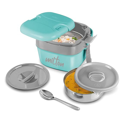 Picture of MILTON Cubic Small Inner Stainless Steel Tiffin Box, 800 ml | Inner Small Leak Proof Container & Spoon | PU Insulated | BPA Free | Easy to Carry