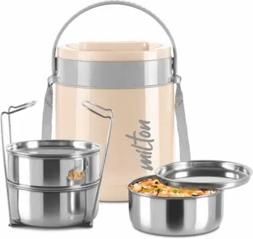 MILTON Classic Stainless Steel Tiffin with Lifter, 3 Container, 300 ml Each | PU Insulated | Food Grade | Easy to Carry | Hot & Cold | Office | Outdoors | Food Grade की तस्वीर