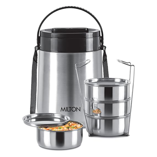 MILTON Steel Classic 4 Tiffin with Lifter, 4 Container, 300 ml Each, Silver | PU Insulated | Food Grade | Easy to Carry | Hot & Cold | Office | Outdoors | Food Grade की तस्वीर