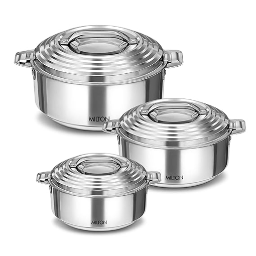 MILTON Galaxia Double Walled Stainless Steel Casserole, Set of 3, (1.2 Litre, 2.09 Litre, 2.45 Litre), Silver | PU Insulated | Double Walled | Hot and Cold की तस्वीर