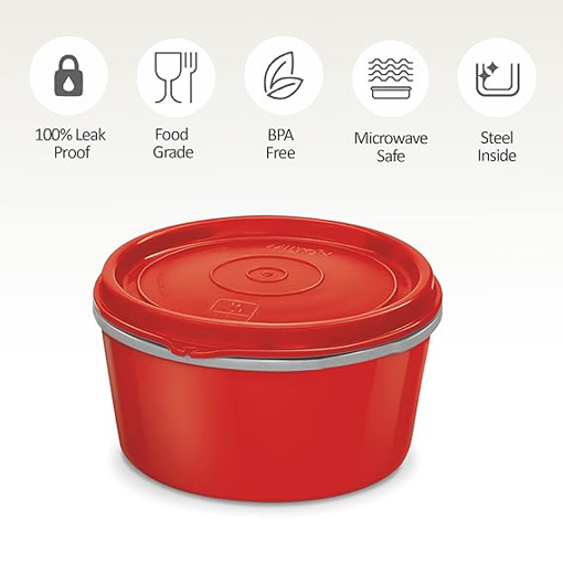 Milton Microwow Inner Stainless Steel Lunch Container, 350 ml Each, Red | 100% Leak Proof | Microwave Safe | BPA Free | Dishwasher Safe | Easy to Carry | Air Tight की तस्वीर