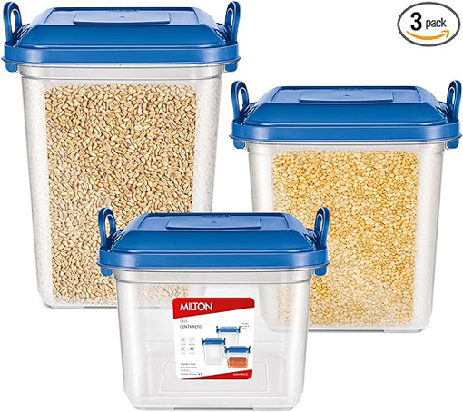 Milton Silo Plastic Storage Containers (15/20/25) Set of 3 (14.45 Litres, 18 Litres, 23 Litres), Blue | Storage Jar | Kitchen Organiser | BPA Free | Stackable | Modular | Nestable की तस्वीर
