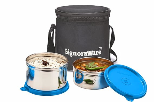 Picture of Signoraware Monarch Executive Small Microwave Safe Lunch Box (2 Stainless Steel Containers + Insulated Bag) (500ml+350ml, Set of 2, Black Office Series)