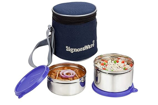 Signoraware Executive Stainless Steel Lunch Box Set 2 with bag | Stainless-Steel Leak-Proof Containers | Full Meal Boxes (Container Size 350mlx1 | 500mlx1 | Violet) की तस्वीर