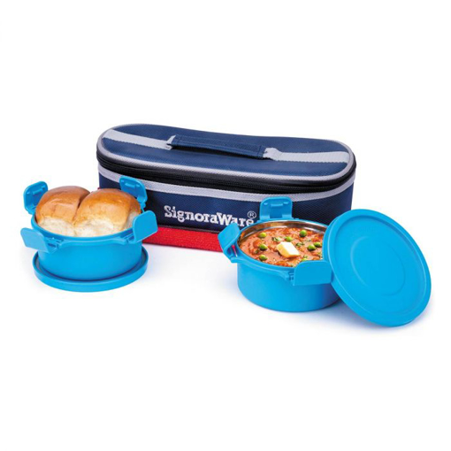 SignoraWare 350ml+350ml Smart Microwave Safe Twin Midday Stainless Steel Lunch Box with Bag, Food Grade BPA Free Conatiners, Air Tight and Sleek Leak-Proof Lid Tiffin Boxes (Set 2 Blue) की तस्वीर