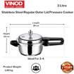 Vinod 18/8 Stainless Steel Pressure Cooker Outer Lid 3 Litre | Unique Sandwich Bottom Cooker | Induction and Gas Base | ISI and CE certified की तस्वीर