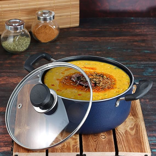 Picture of Vinod Zest Non-Stick Deep Casserole with Glass Lid 2.2 litres Capacity (18 cm Diameter) with Riveted Sturdy Bakelite Handles (Gas Stove Compatible) PFOA Free - 3mm Thickness, Blue