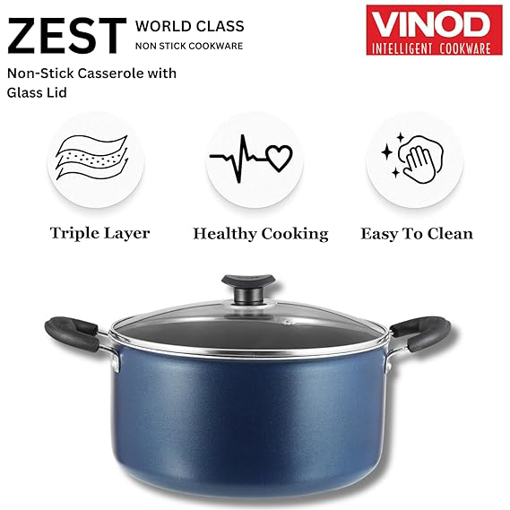 Picture of Vinod Zest Non-Stick Deep Casserole with Glass Lid 4.2 litres Capacity (22 cm Diameter) with Riveted Sturdy Bakelite Handles (Gas Stove Compatible) PFOA Free - 3mm Thickness, Blue