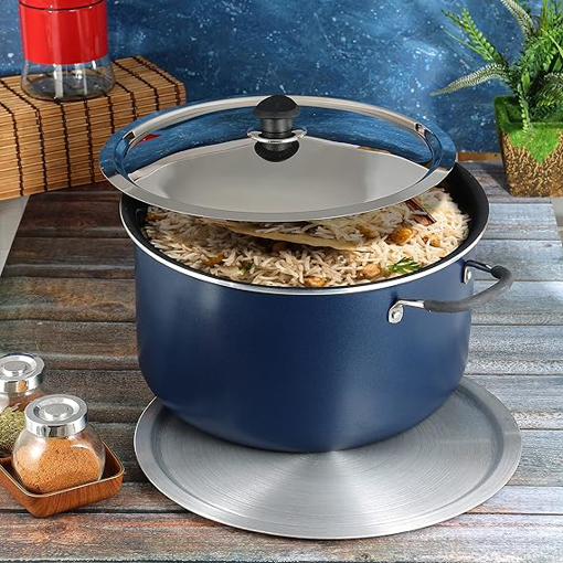 Picture of Vinod Zest Non-Stick Biryani Pot 14 Litres | Non Stick Dum Biryani Pot 4 MM Thick | Wide Bakelite Handles, With 1 Aluminium & 1 Steel Lid - Blue, (Gas Stove Friendly)