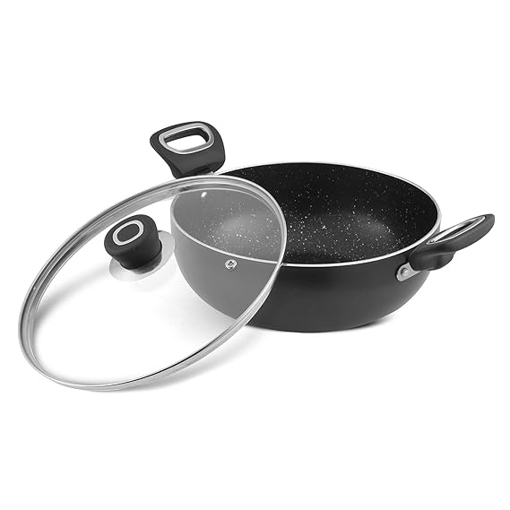 Picture of Vinod Zest Marbilo Non-Stick Deep Kadai/Kadhai with Glass Lid 3.3 litres (26 cm Diameter) with Riveted Sturdy Handles (Gas Stove and Induction Compatible) PFOA Free - 3.5 mm Thickness