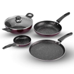 Picture of Vinod Supreme Non-Stick 4 Pcs Cookware Set - 28 cm Dosa Tawa, 22 cm Frypan, Kadhai with Glass Lid 2 L Capacity (22 cm) AMD 14.5 cm Mini frypan (Gas Stove and Induction Compatible) - Garnet Metallic