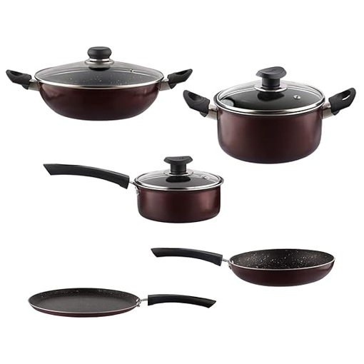 Picture of Vinod Supreme Non Stick Cookware Set Combo 5 Pieces | Kadai, Casserole and Saucepan with Lid, Dosa Tawa, Frypan | 5-Ply Aluminum Layer (3mm Thick) | Gas and Induction Base