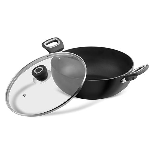 Picture of Vinod Hanos Non-Stick Deep Kadai/Kadhai with Glass Lid 24/3.1 litres Hard Anodised Non-Stick Coating with Riveted Handles Deep Frying Pan Black (Induction Friendly)