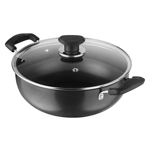 Picture of Vinod Hanos Non-Stick Deep Kadai/Kadhai with Glass Lid 22 cm/2.6 litres Hard Anodised Non-Stick Coating with Riveted Handles Deep Frying Pan Black (Induction Friendly) dly Black