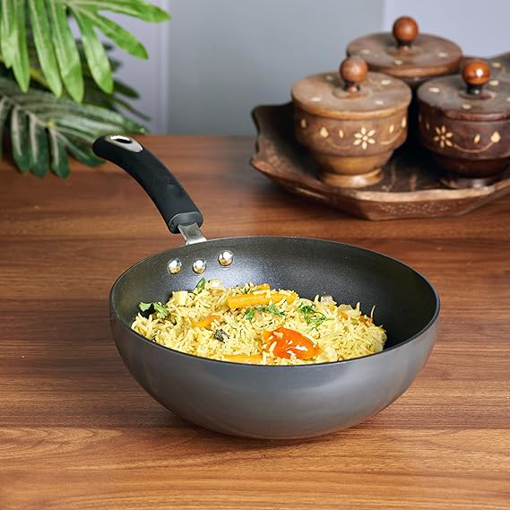 Picture of Vinod Hanos Non-Stick Wok 26 cm Diameter- 3.25 mm Thickness/Hard Anodised Wok Pan with Bakelite Riveted Handle/Induction and Gas Stove Friendly