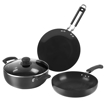 Picture of Vinod Hard Anodised Cookware 3 Pcs Set of 24 cm Deep Kadai/Kadhai with Lid (3.1 Litre), 24 cm Frypan and 25 cm Tawa (4.25 mm Thickness) - Black (Induction and Gas Stove Compatible)