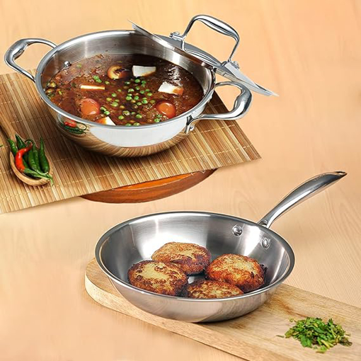 Picture of Vinod Platinum Triply Stainless Steel Combo Set of 2 | Extra Deep Kadai/Kadhai with lid 1.5 Litre (20 cm) and Frypan (20 cm) | Induction and Gas Base