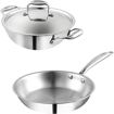 Picture of Vinod Platinum Triply Stainless Steel Combo Set of 2 | Extra Deep Kadai/Kadhai with lid 1.5 Litre (20 cm) and Frypan (20 cm) | Induction and Gas Base